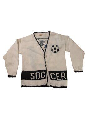 Vintage Hand Knit Soccer Cardigan Sweater Louise Tatgenhorst Wool Folk Art USA